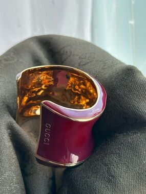 Gucci Gold & Burgundy Enamel Wide Cuff Bracelet